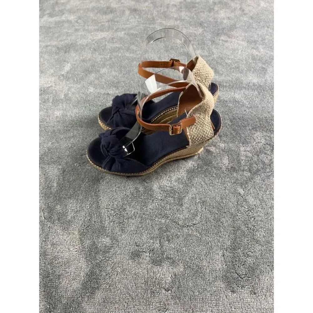 Tory Burch Macy Linen Espadrille Wedge Sandals Sz 7B Blue Twist Knot Ankle Strap